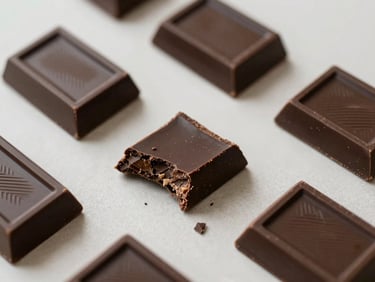 Overhead flat lay of several dark chocolate bars, some broken to show texture, arranged on a minimal surface, soft shadows.