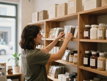 A local business owner arranging products on a wooden shelf in a sunlit boutique shop, warm natural light, candid framing.