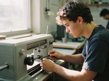 A young adult working on a modern lathe in a sunlit vocational workshop, focused expression, natural light, 35mm film style.