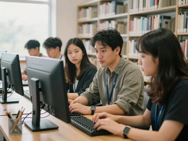 An instructor guiding an adult learner at a computer desk in a bright, modern library room, soft daylight, authentic moment.