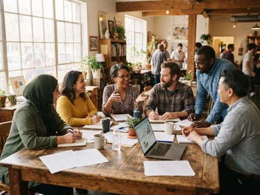 Warm editorial, wide-angle photograph of community leaders collaborating around a wooden table in a sunlit room, soft natural daylight, rich organic tones, 35mm film aesthetic.