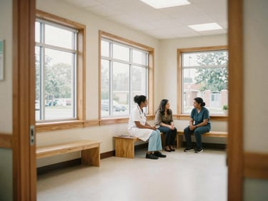 A bright, clean community health center lobby with soft natural wood accents and large windows, a healthcare worker talking with a visitor in the background.