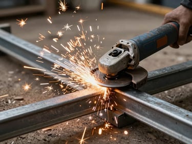 Active angle grinder cutting a thick steel frame in a Pretoria workshop, high-contrast natural daylight, bright sparks flying dramatically across the frame.