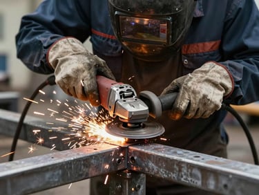 A professional welder in protective gear grinding a metal joint with an angle grinder, bright sparks flying, raw iron textures visible.