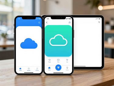 High-fidelity mobile app mockup showing the app interface on both a smartphone and a tablet, with a cloud sync icon, in a cafe setting, bright natural daylight