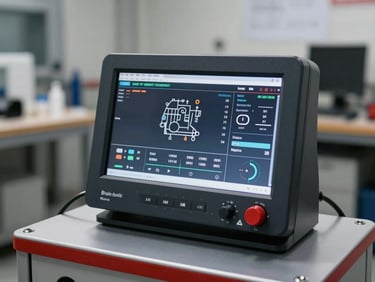 Sharp industrial photography of a clean, modern diagnostic tool screen displaying active engine data inside an organized London Ontario workshop, crisp lighting, shallow depth of field
