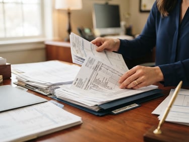 Close-up of hands organizing structured medical billing paperwork on a clean mahogany desk, warm natural office daylight, shallow depth of field, 35mm