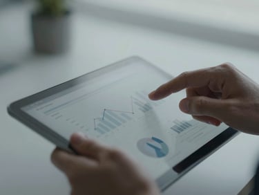 Extreme close-up of hands reviewing structured business diagrams on a tablet, cool overcast daylight, desaturated slate tones, 35mm lens