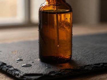 Close-up of a premium amber glass beard oil bottle on a dark slate surface, water droplets, soft studio shadow, warm lighting.
