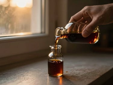 A hand pouring rich, dark oud oil into a small glass vial, warm golden-hour light streaming through a window, moody editorial style.