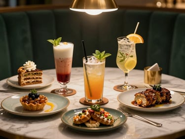 A beautifully styled table scene featuring premium artisanal drinks and modern halal dishes, warm overhead lighting, elegant dark green and gold accents.