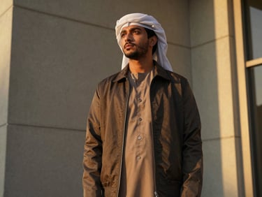 A male creator in a premium minimalist thobe and streetwear jacket, shot from a low angle against a clean concrete wall, soft golden-hour light, shallow depth of field.