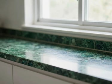 Close-up of a perfectly polished kitchen counter with natural light shining through a clean window, crisp focus