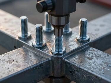 Macro shot of a heavy industrial structural join, focus on massive steel bolts being torqued with precision tools, cold morning light reflecting off the metallic surface.