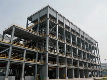 Wide angle shot of a massive completed industrial facade and metal structures under cold daylight, clean architectural lines, steel gray tones.
