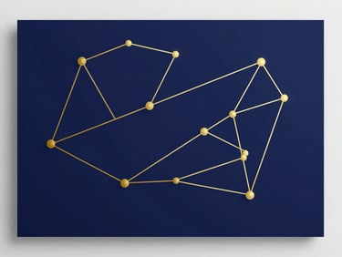 Abstract, elegant geometric constellation map with golden lines on a deep indigo background, sharp focus, vector-like precision, modern editorial style