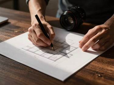 Architectural editorial photography, close-up of hands working on a minimal blueprint layout on a dark wooden table, warm side-light