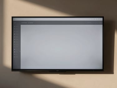 Architectural photography, a modern screen displaying a sleek digital interface, minimal layout, warm lighting