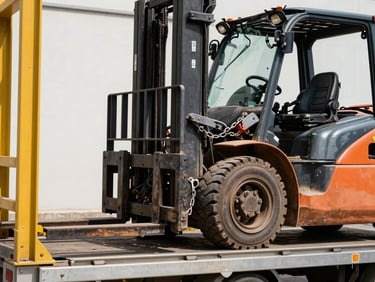 Close-up of a heavy industrial forklift being secured onto a low-profile transport trailer, high-contrast daylight, metallic chains and yellow steel frame, dramatic action photography
