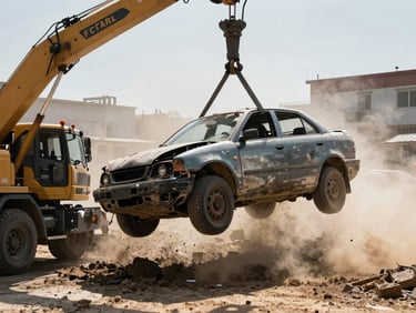 Dramatic rescue scene of a damaged vehicle being winched out of a tight spot by a heavy-duty recovery rig, intense metallic tones, dust in the air, high-contrast daylight