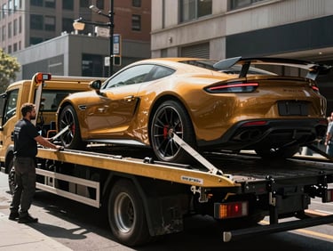 A luxury sports car being carefully loaded onto a hydraulic flatbed tow truck, high-contrast urban daylight, soft straps secured to the wheels, professional zero-damage towing