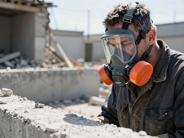 Industrial worker wearing a NIOSH-rated respirator mask with safety-orange filters, looking down at a concrete demolition site, high-contrast cool lighting