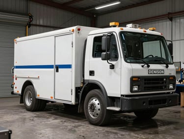 Wide shot of a municipal service truck being upfitted in a Denison workshop bay, showing heavy-duty components and installation, gritty metallic tones
