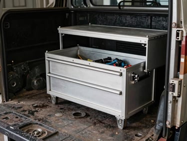Detailed shot of a heavy-duty truck bed with integrated custom aluminum toolbox, open and organized, in a workshop bay, high contrast.