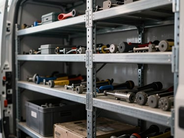 Close-up of newly installed heavy-duty steel shelving inside a commercial cargo van, organized tools visible, industrial workshop light, sharp focus.