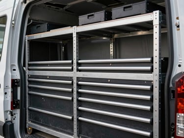 Close-up of organized cargo van interior with heavy-duty shelving and tool storage systems, industrial workshop light, sharp focus