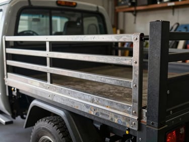 Close-up of a work truck bed with heavy-duty utility body and custom-welded steel rack, high-contrast workshop light