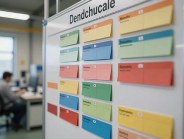 Close-up of a structured visual management board with color-coded cards in a clean Dutch manufacturing facility, natural light.
