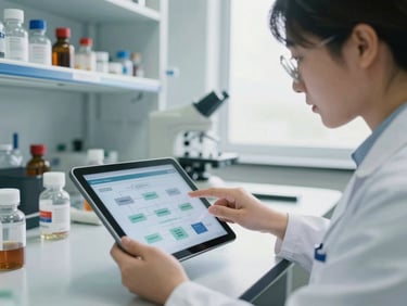 A technician in a modern, organized laboratory setting pointing at a digital workflow diagram on a tablet, bright natural light.