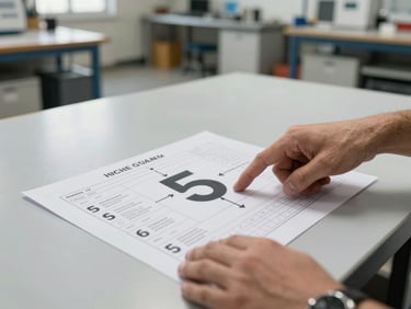 A close-up of hands pointing at a laminated 5S workflow diagram on a clean industrial shop floor, natural bright daylight, highly organized workspace background.