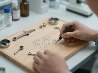 Close-up of hands organizing tools on a shadow board with precise 5S outlines in a modern quality laboratory, clean clinical lighting.