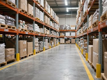 A clean warehouse environment with yellow floor markings indicating safe pathways and organized storage racks, bright daylight.