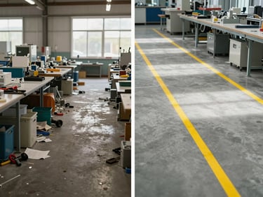 Before and after comparison of a manufacturing workspace, left side cluttered and right side clean with yellow tool outlines, bright daylight.
