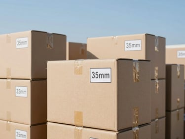 Bright editorial photography of neatly labeled cardboard boxes and secure packing tape arranged in an organized Abu Dhabi warehouse, 35mm