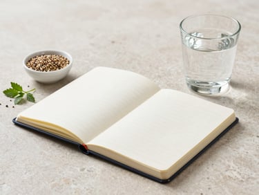 Panoramic crop — an open notebook beside a small bowl of mixed seeds and a glass of water on a light stone surface, soft diffused light, clean minimal styling with a sprig of green herb to one side