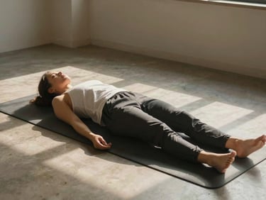 Wide shot of a person lying in savasana on a yoga mat in a softly lit room, a folded blanket under their knees, afternoon light casting gentle shadows across the floor, calm and spacious