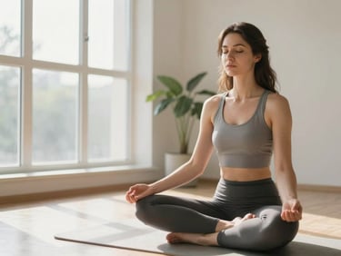 Panoramic crop — a woman seated cross-legged in a bright airy room, eyes softly closed, morning light flooding in from a wide window to the left, indoor plant visible in the background, atmosphere meditative and still