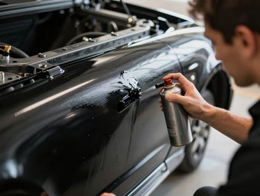 Close-up of a technician applying a thick, black protective undercoating spray to a vehicle chassis, dramatic side lighting highlighting the clean metal frame.