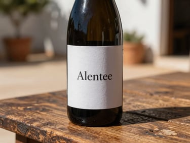 Close-up of a premium wine bottle with an elegant, minimalist paper label, resting on a rustic wooden table in a sun-drenched Alentejo courtyard.