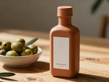 A terracotta-colored olive oil bottle with a minimalist, elegant label, sitting on a sunlit wooden table next to a bowl of fresh olives. Warm afternoon sun.