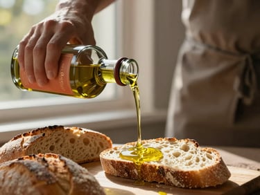 Hands pouring golden olive oil from a dark glass bottle with a textured terracotta label onto fresh bread, warm afternoon sun filtering through a window.