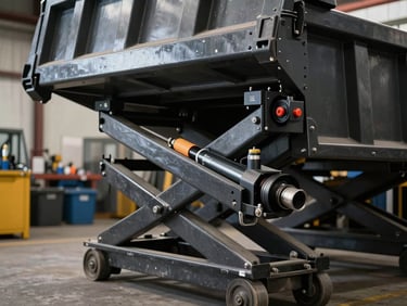 Close-up of a heavy-duty black dump trailer hydraulic scissor lift mechanism, industrial shop background.