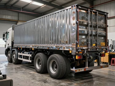 A custom-engineered multi-axle commercial trailer inside a fabrication shop, raw steel welds visible.