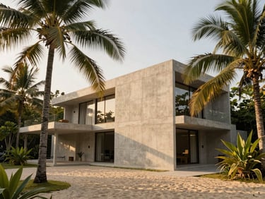 Low-angle architectural perspective of a minimalist concrete villa nestled among lush tropical palms, warm golden-hour light, 35mm.
