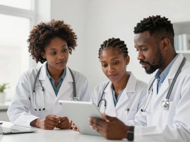 Two professionals reviewing inventory on a tablet in a bright, modern office, natural Nigerian skin tones, crisp white environment, soft daylight.