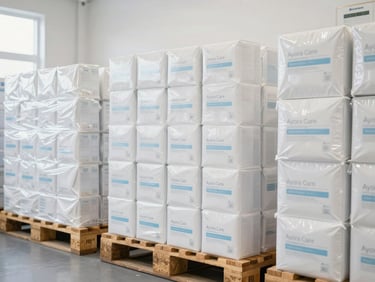 Bright, clean warehouse interior showing organized pallets of Ayora Care products, diffused daylight, professional and orderly environment.